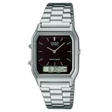 Reloj Casio modelo AQ230A de estilo vintage ana-digi, con caja de 30mm, esfera negra y brazalete de acero inoxidable. Cuenta con funciones de hora dual, cronómetro, alarma y calendario automático.