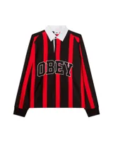 Camiseta tipo polo de manga larga Obey, con rayas verticales rojas y negras, cuello blanco y logo bordado en el pecho.