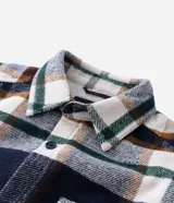 Campera de franela a cuadros con forro interno de sherpa, cuello tipo polo, cierre frontal con botones y bolsillos frontales con solapa.