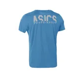 Remera deportiva Asics negra de manga corta, con logo blanco en el pecho y estampado con la leyenda "Asics Running" en caracteres japoneses Katakana.