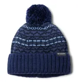 Gorro de punto con diseño geométrico en tonos azules, cuenta con un pompón en la parte superior y un borde acanalado con etiqueta de la marca Columbia.