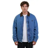 Campera de denim Volcom con cierre frontal y botones a presión, cuello de pana en color marrón y logo de la marca en el pecho.