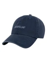 Gorro tipo gorra Caterpillar de 6 paneles en color azul con efecto lavado, visera curva y logo bordado en el frente.
