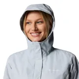 Campera impermeable Columbia modelo Arcadia II, color gris claro, con capucha ajustable, cierre frontal con solapa, bolsillos laterales con cremallera y tecnología Omni-Tech transpirable.