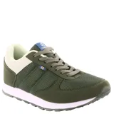 Championes urbanos Topper modelo T 350 Mesh, color verde oliva con detalles en blanco y gris. Confeccionados en una combinación de malla transpirable y gamuza sintética, presentan cierre por cordones y suela de goma blanca.