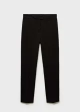 Pantalon de vestir de corte recto y tiro medio, confeccionado en tejido de punto roma. Cuenta con cierre frontal de cremallera, gancho y doble botón, trabillas para cinturón, dos bolsillos laterales y dos bolsillos de ribete en la parte posterior.