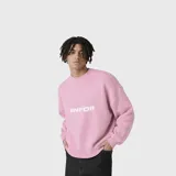 Sweater de punto color rosado con cuello redondo y diseño de calce holgado. Presenta el logo VNFO estampado en el centro del pecho en color blanco.