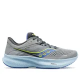 Championes Saucony Ride 16 de dama, color gris con detalles en azul y amarillo.