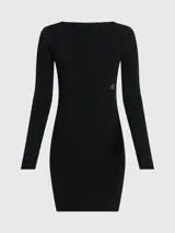 Vestido corto negro de punto acanalado, manga larga y cuello barco. Presenta un recorte en la espalda y el logo bordado de Calvin Klein en la cintura.