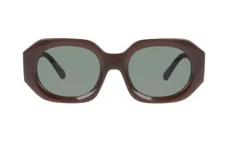 Lentes de sol con armazón de acetato en color marrón y diseño de forma geométrica redondeada. Poseen cristales oscuros con tonalidad verdosa.