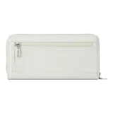 Billetera Guess modelo Remy color blanco crema, con textura saffiano, cierre perimetral, correa de muñeca desmontable y el logo de la marca grabado en el frente.