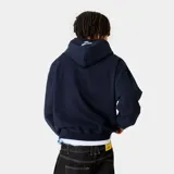 Hoodie oversize Eme Studios de color azul marino, con capucha, bolsillo frontal tipo canguro y estampado gráfico en el pecho con el nombre de la marca en color blanco.