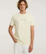 Remera color crema de algodón, corte clásico, con cuello redondo y mangas cortas. Estampa frontal con la frase "Nascido num País Tropical".