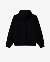 Campera tipo bomber con cierre metálico de doble vía, capucha con cordón ajustable, bolsillos delanteros tipo parche y puños y cintura elásticos. Presenta un diseño minimalista con etiqueta de la marca en el bolsillo frontal.