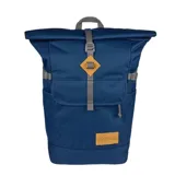 Mochila Jansport modelo Hatchet Rolltop de color azul, con diseño de apertura enrollable, correas de compresión laterales, bolsillo frontal con solapa y detalles en eco-cuero marrón con el logo de la marca.