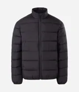 Campera puffer Marfinno de microfibra color marrón, con cuello alto, cierre frontal de cremallera y diseño acolchado horizontal.
