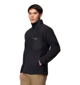 Campera de polar Columbia con cierre frontal completo, cuello alto y bolsillo vertical con cierre en el pecho. Presenta un diseño técnico con paneles superpuestos y ribetes elásticos en puños y dobladillo.