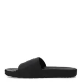 Sandalias tipo slide color negro, con tira ancha que incluye el logo en relieve y suela texturizada con amortiguación.