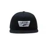 Gorra negra Vans con logo bordado en parche blanco en el frente. Modelo snapback con visera plana.