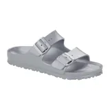 Sandalias Birkenstock Arizona EVA plateadas, con dos correas ajustables con hebillas metálicas y plantilla anatómica.
