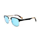 Lentes de sol modelo Eros de Prototype, con montura metálica plateada en la parte inferior y frontal superior en negro. Las patillas son negras con puntas carey. Los cristales son espejados de color azul claro.