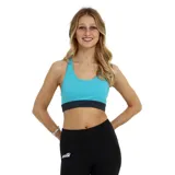 Top deportivo turquesa con banda inferior gris y logo Avia.