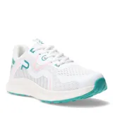 Championes deportivos Push de mujer, color blanco con detalles en turquesa y líneas finas en rosado. Presentan una capellada de malla transpirable, cierre con cordones y suela de goma con relieve en color turquesa.