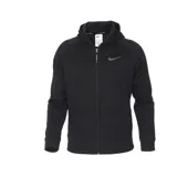 Campera deportiva Nike Pro Therma-FIT negra con capucha, cierre frontal completo, logo en el pecho y bolsillos laterales con cierre. Confeccionada con al menos 75% de fibras de poliéster reciclado.