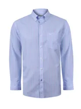 Camisa de manga larga RKF de corte regular, con diseño de rayas finas en tonos celestes, blancos y rosados. Cuenta con cuello abotonado (button-down), cierre frontal con botones blancos, bolsillo ojal en el pecho con logo bordado y dobladillo redondeado.
