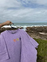 Remera negra de algodón con cuello redondo y mangas cortas. Estampado frontal con tres flores de colores.