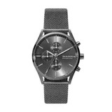 Reloj Skagen con caja de acero inoxidable gris oscuro de 42mm y malla metálica a juego. Cuenta con mecanismo de cuarzo con cronógrafo, esfera gris oscuro sunray con índices plateados y cristal mineral resistente. Resistente al agua hasta 3 ATM.
