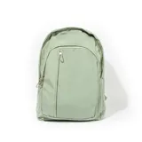 Mochila verde con múltiples bolsillos con cierre.