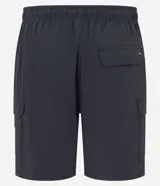 Bermuda masculina color negro, confeccionada en poliamida, con cintura elástica y cordón ajustable. Presenta bolsillos cargo laterales y es de secado rápido.