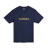 Remera azul marino de manga corta con cuello redondo y estampado frontal con la palabra "Florence" en color dorado.