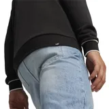 Buzo negro con capucha y cordones ajustables, de corte estándar y manga larga. Presenta un bolsillo tipo canguro y el logo de Puma estampado en el pecho con borde blanco.