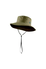 Gorro de sol color verde oliva con ala ancha y cordón ajustable.