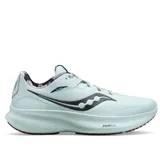 Championes Saucony Ride 15 Runshield de dama, color celeste con detalles en negro y suela color borgoña.