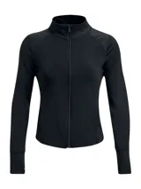 Campera deportiva negra de cuello alto, con cierre frontal completo, mangas largas con orificios para los pulgares y tejido elástico de alto rendimiento.