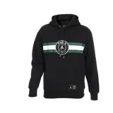 Canguro con capucha Jordan de la colección Paris Saint-Germain, color negro con franja horizontal verde y blanca en el pecho y logo central. Cuenta con bolsillo tipo canguro frontal y etiqueta con logos de Jordan y PSG en la parte inferior.