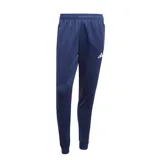 Pantalón deportivo Adidas de corte ajustado, color azul con detalles en blanco y rojo. Presenta cintura elástica con cordón ajustable, puños acanalados en los tobillos y el logo de la marca estampado en la pierna.