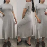 Vestido midi gris de corte recto y mangas cortas.