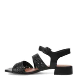 Sandalias de cuero negro Bottero, con tiras delanteras múltiples y tira en el tobillo con hebilla, todas con diseño calado. Presentan taco bajo cuadrado y puntera cuadrada.