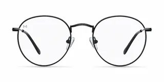 Lentes con protección contra luz azul y UV400, con montura redonda de acero inoxidable en color negro y cristales transparentes.