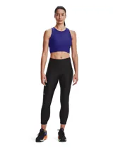 Calza capri Under Armour HeatGear negra, con cintura alta y logo reflectivo en la pierna.