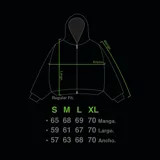 Hoodie negro con cierre, corte regular y lavado gastado. Estampado con logo en el pecho y diseños en las mangas.