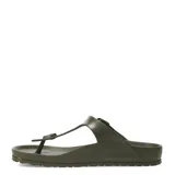 Sandalias tipo ojota Birkenstock modelo Gizeh, color verde oliva, con diseño anatómico, tira ajustable con hebilla y separador de dedos.