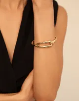 Pulsera rígida de diseño minimalista con eslabón central tipo clip, bañada en oro de 18k.