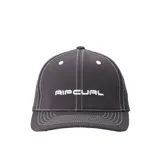 Gorra Rip Curl modelo Pill Flexfit, color gris oscuro, con costuras visibles en color blanco, ojales bordados y logo de la marca bordado en el frente.