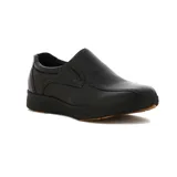 Zapato de cuero negro para hombre, con elástico en el empeine y suela plana.