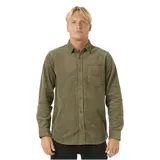 Camisa de pana verde oliva de manga larga con cuello clásico, cierre frontal con botones y bolsillo en el pecho con etiqueta de la marca.
